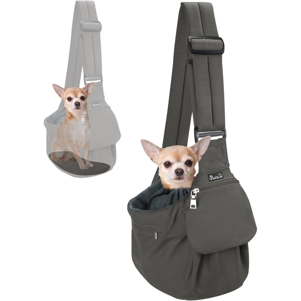 SlowTon Dog Carrier Sling With Hard Bottom Support For Small Dogs And Cats Grey Adjustable Padded Shoulder Strap And Zipper Pockets