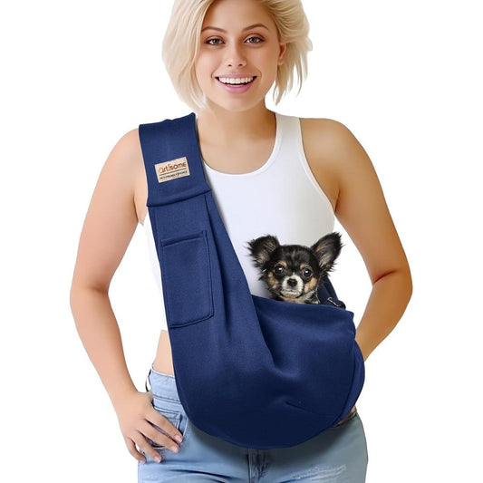 Artisome Pet Dog Sling Carrier For Small Pets 3-10 Pounds Dark Blue Reversible Hands Free Travel Pouch For Dogs Cats And Puppies