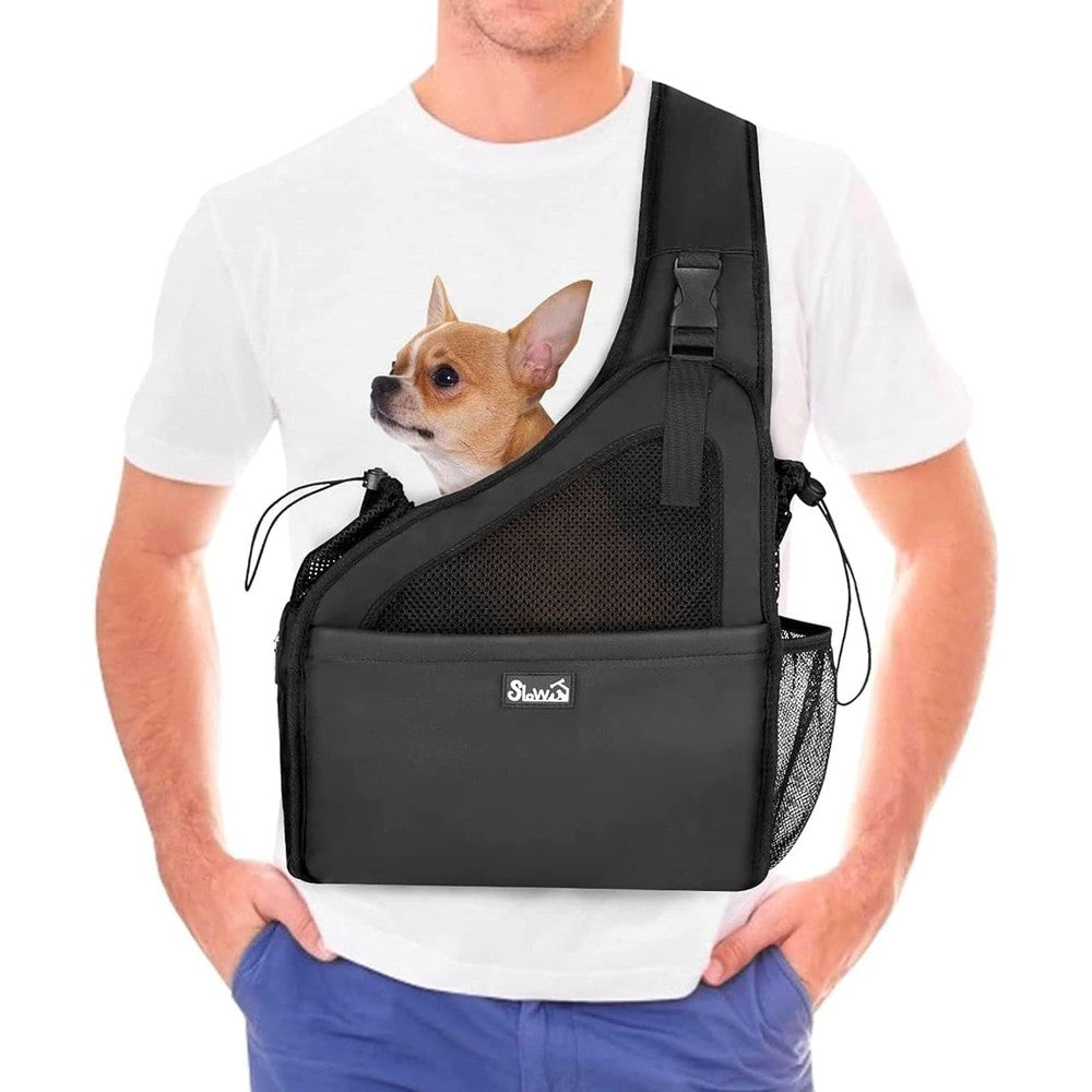 Lukovee Dog Sling Carrier For Small Pets With Hard Bottom Support And Adjustable Padded Shoulder Strap, Hands Free Design, Black