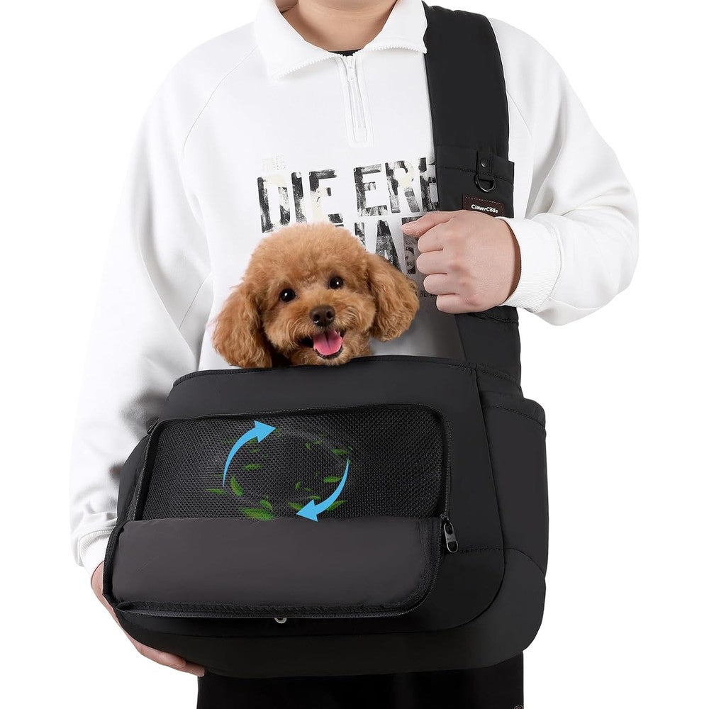 CleverCode Pet Sling Carrier For Dogs And Cats, Lightweight Hands-Free Adjustable Padded Shoulder Strap For Small To Medium Pets, Black