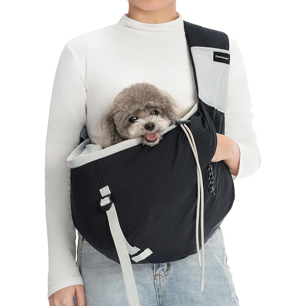 CynosCape Small Dog Cat Sling Carrier With Safety Harness Clips And Pockets For Travel And Shopping Black Soft Lightweight Fabric Up To 19 Pounds