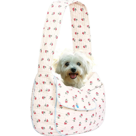 YHSHYZH Flower Pet Sling Carrier For Small Dogs And Cats Breathable Cotton Floral Print Puppy Handbag White Small