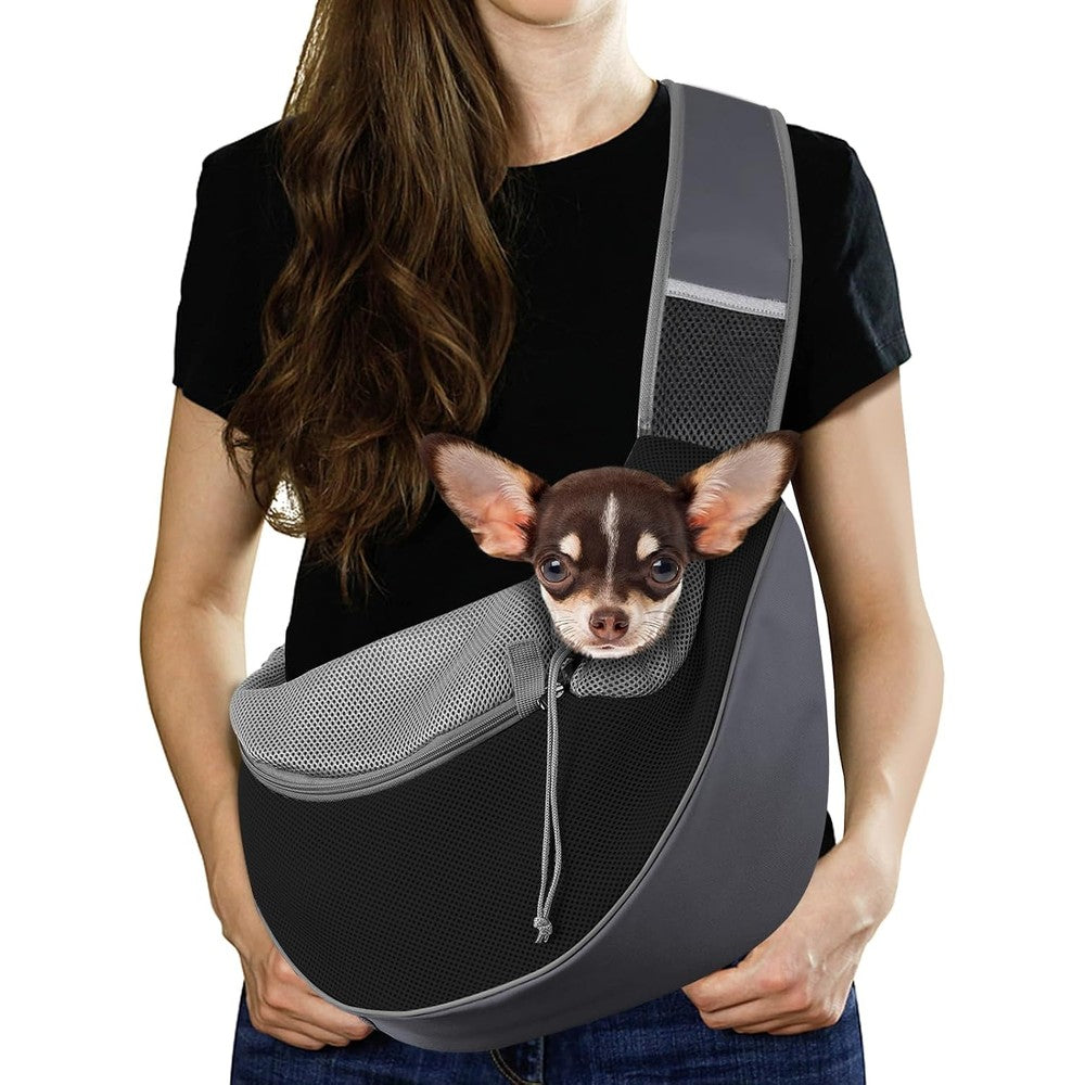 Pawaboo Pet Dog Sling Carrier Hands Free Breathable Mesh Papoose Adjustable Strap With Pocket For Puppy And Cat Medium Dark Gray Black