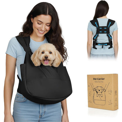 GoGoPaw Dog Sling Carrier For Small Dogs With Bottom Support, Adjustable Pet Front Carrier And Padded Strap For Travel And Hiking, Black, Medium