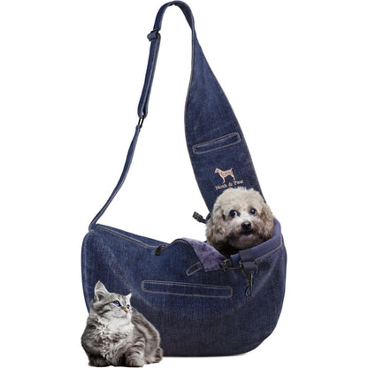 Noah And Paw Dog Sling Carrier For Small Dogs And Cats 5-18 Pounds Adjustable Padded Strap Vegan Denim With Fur Lining Machine Washable Black