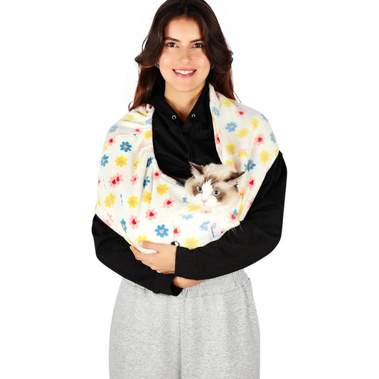 Yunpawpet Hands Free Cat And Dog Sling Carrier Ultra Soft Polar Fleece Adjustable Pet Papoose Bag Daisy Print Large Size