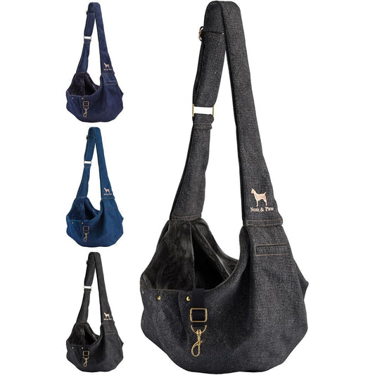 Noah And Paw Denim Dog Sling Carrier For Small Dogs And Cats With Adjustable Padded Strap And Double Safety Feature