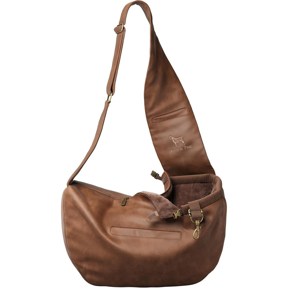 Noah And Paw Dog Sling Carrier For Small Dogs And Cats Adjustable Padded Strap Vegan Leather With Fur Lining 5 To 18 Pounds Capacity Brown