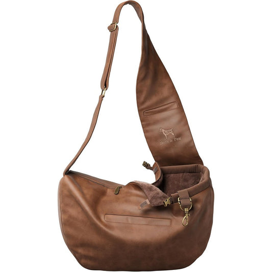 Noah And Paw Dog Sling Carrier For Small Dogs And Cats Adjustable Padded Strap Vegan Leather With Fur Lining 5 To 18 Pounds Capacity Brown