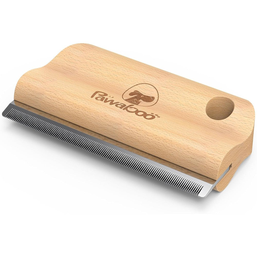 Pawaboo Deshedding Brush For Dogs And Cats Wooden Grooming Shedding Comb With Ergonomic Wooden Grip And Stainless Steel Teeth Five Point One Inch