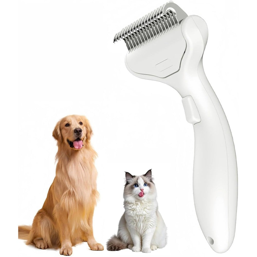OYCGYLCH Undercoat Rake For Dogs And Cats 3 In 1 Skin Friendly Pet Grooming Brush With One Click Self Cleaning Button White