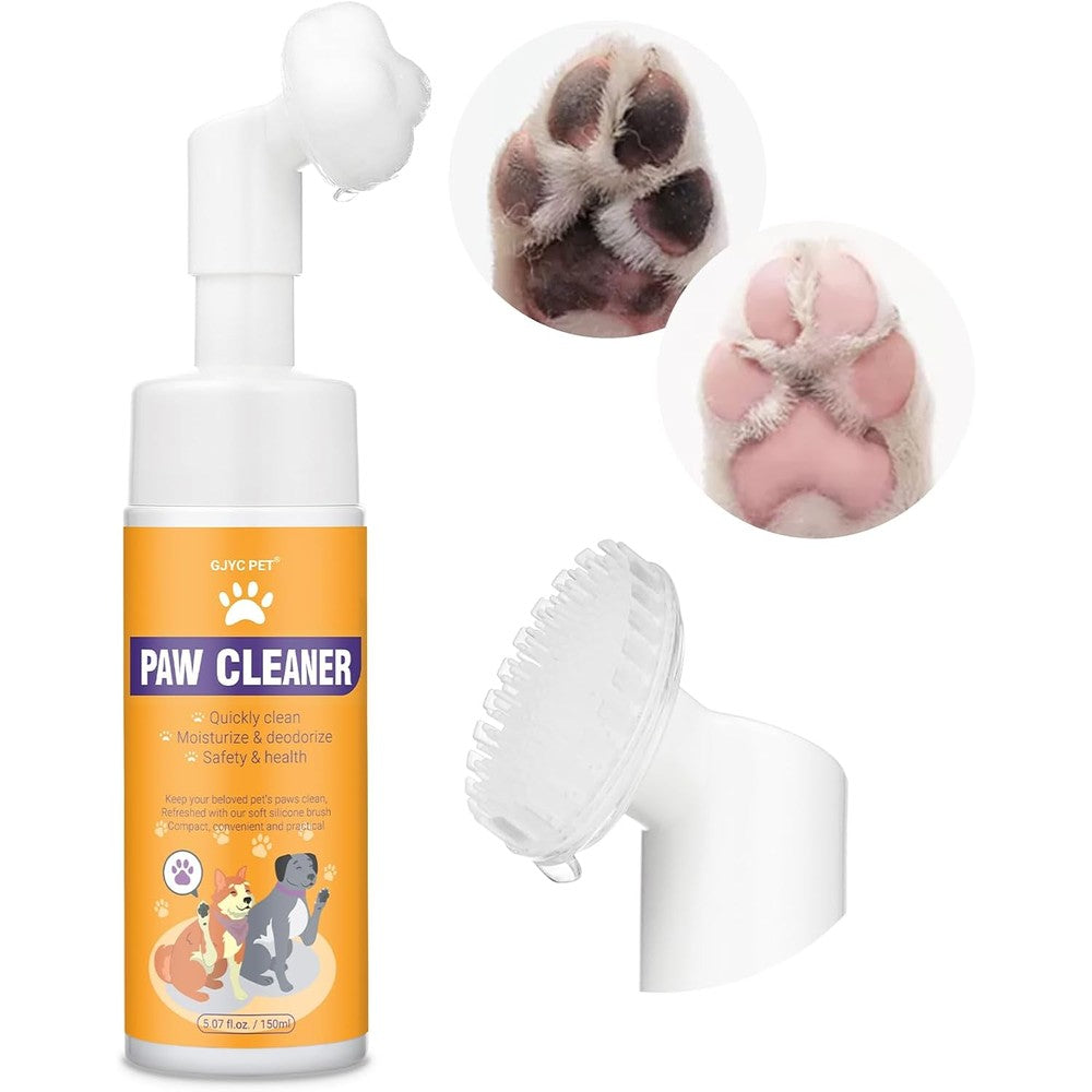 GJYC PET Paw Cleaner For Dogs And Cats No Rinse Foaming Cleanser With Silicone Brush Rose Scent 6.8 Fluid Ounce