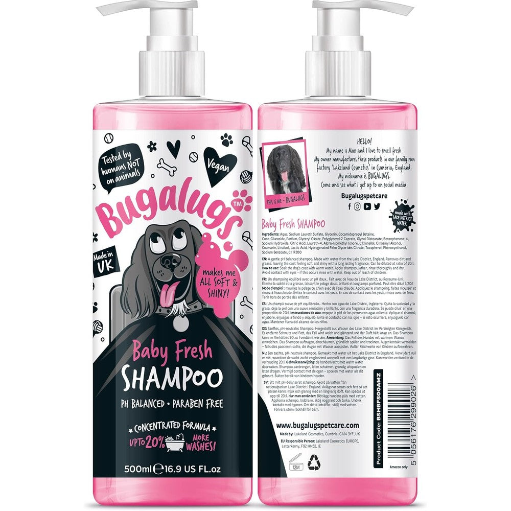 Bugalugs Baby Fresh Dog Shampoo 16.85 Fluid Ounce Professional Grooming Formula With Baby Powder Scent For Smelly Dogs And Puppies