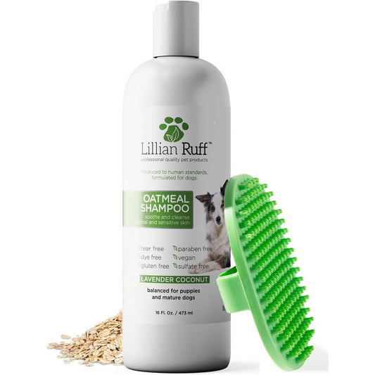 Lillian Ruff Pro Formula Deodorizing Oatmeal Dog Shampoo With Grooming Brush For Dry Skin Relief And Allergy Calming 16 Fluid Ounces