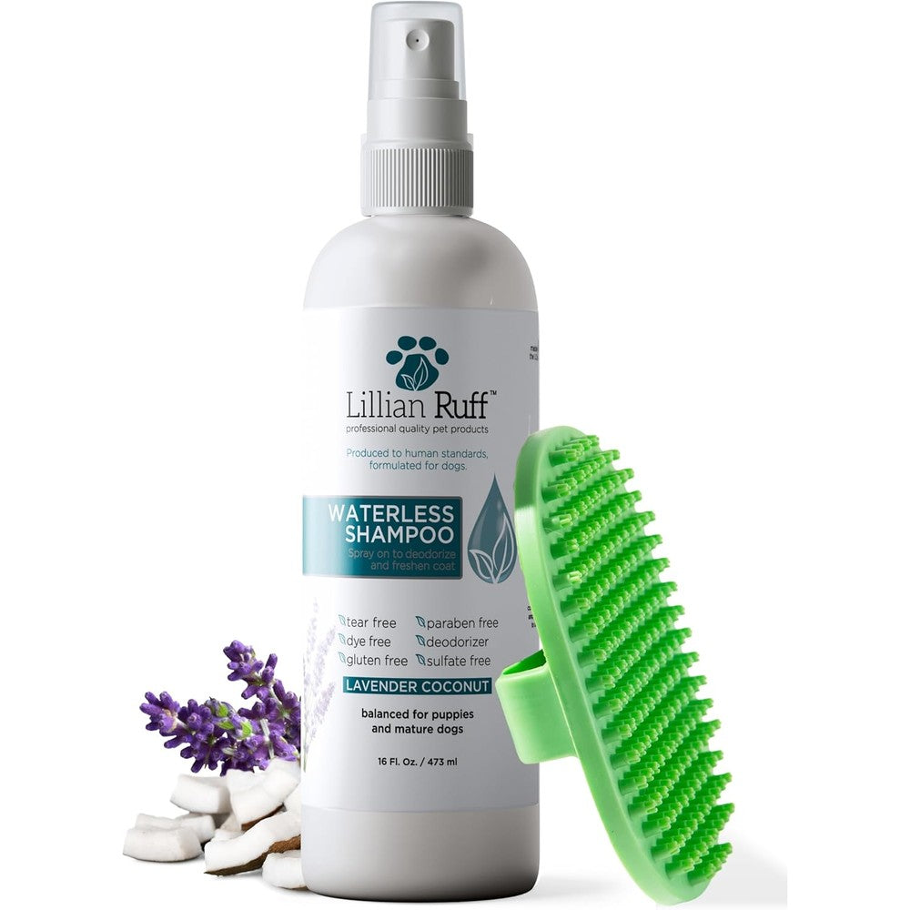 Lillian Ruff Waterless No Rinse Dog Dry Shampoo Spray With Hydrating Essential Oils For Sensitive Skin 16 Fluid Ounce With Grooming Brush