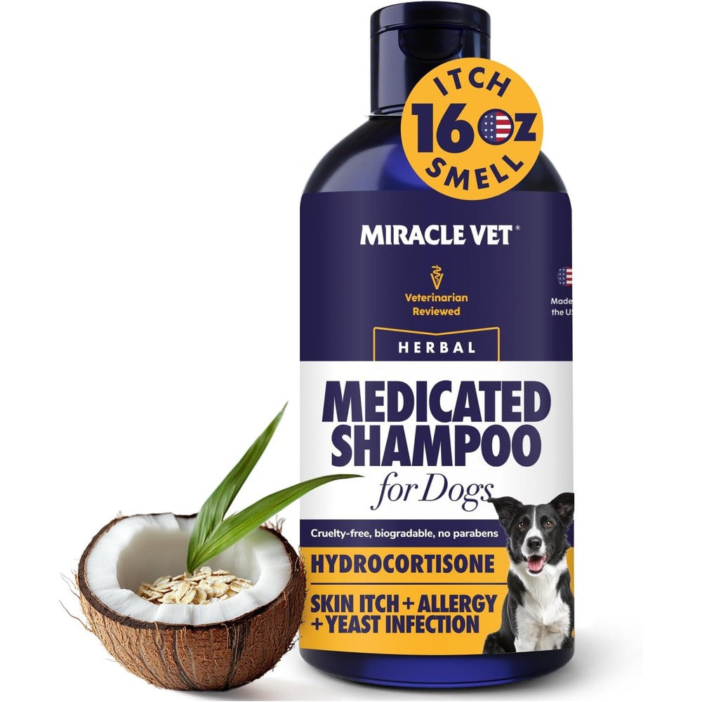 Miracle Vet Medicated Dog Shampoo For Itchy Skin Relief, Antifungal And Antibacterial Allergy Wash With Hydrocortisone, 16 Fluid Ounces