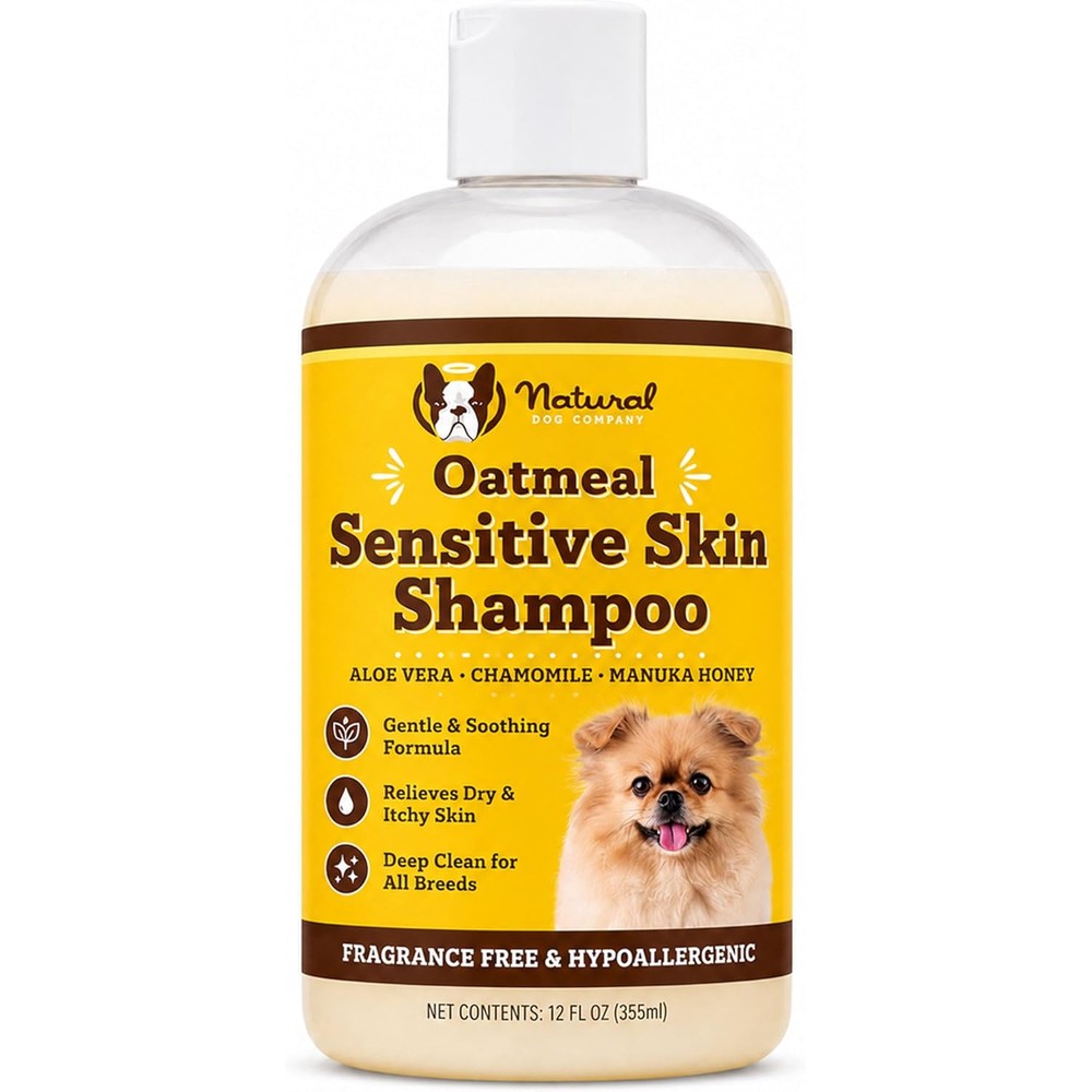 Natural Dog Company Sensitive Skin Dog Shampoo Hypoallergenic Oatmeal Anti Itch Wash With Aloe Vera Manuka Honey And Chamomile 12 Fluid Ounce