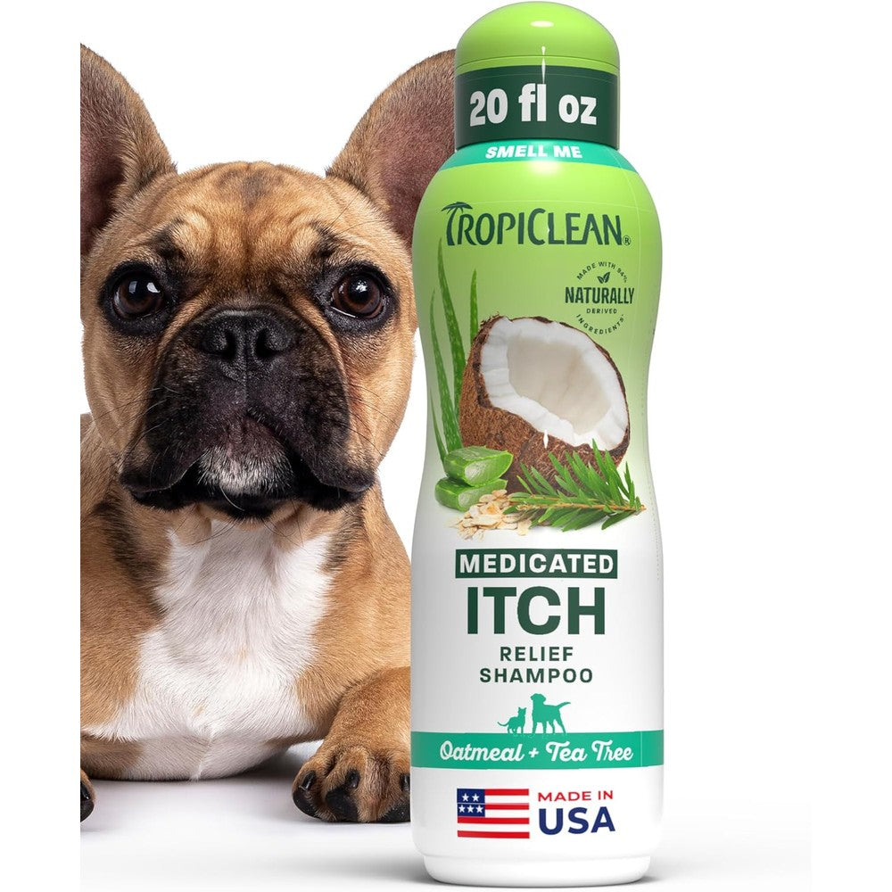TropiClean Oatmeal And Tea Tree Medicated Itch Relief Shampoo front view bottle
