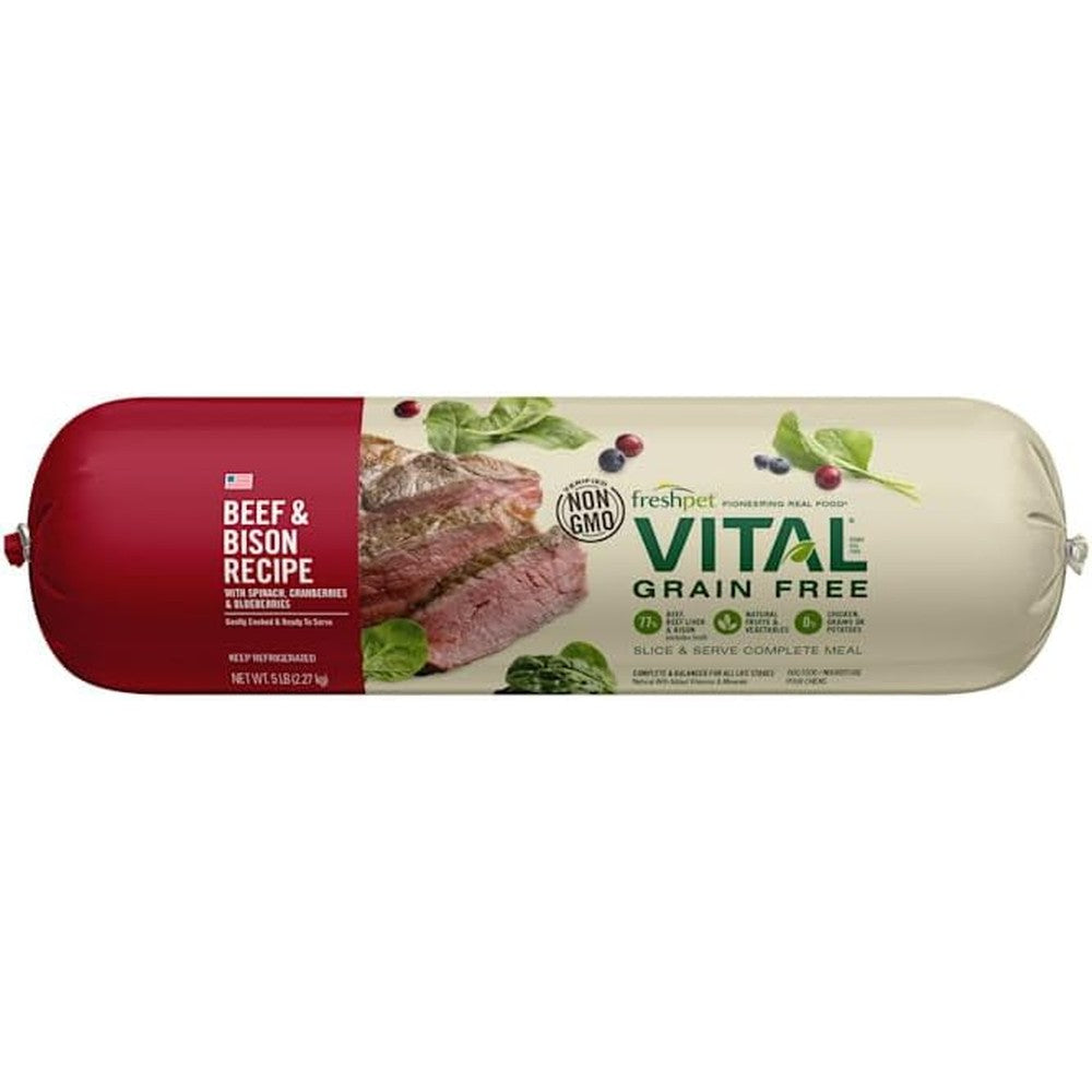 Freshpet Vital Grain Free Beef And Bison Recipe Refrigerated Dog Food Roll, Complete Meal For All Life Stages, 5 Pound Roll