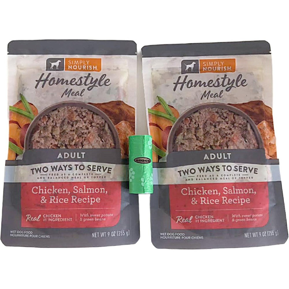 Simply Nourish Homestyle Adult Wet Dog Food Chicken Salmon And Rice Recipe Combo Pack With Biggs Dog Waste Roll Nine Ounce Pouches