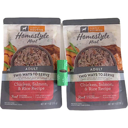 Simply Nourish Homestyle Adult Wet Dog Food Chicken Salmon And Rice Recipe Combo Pack With Biggs Dog Waste Roll Nine Ounce Pouches
