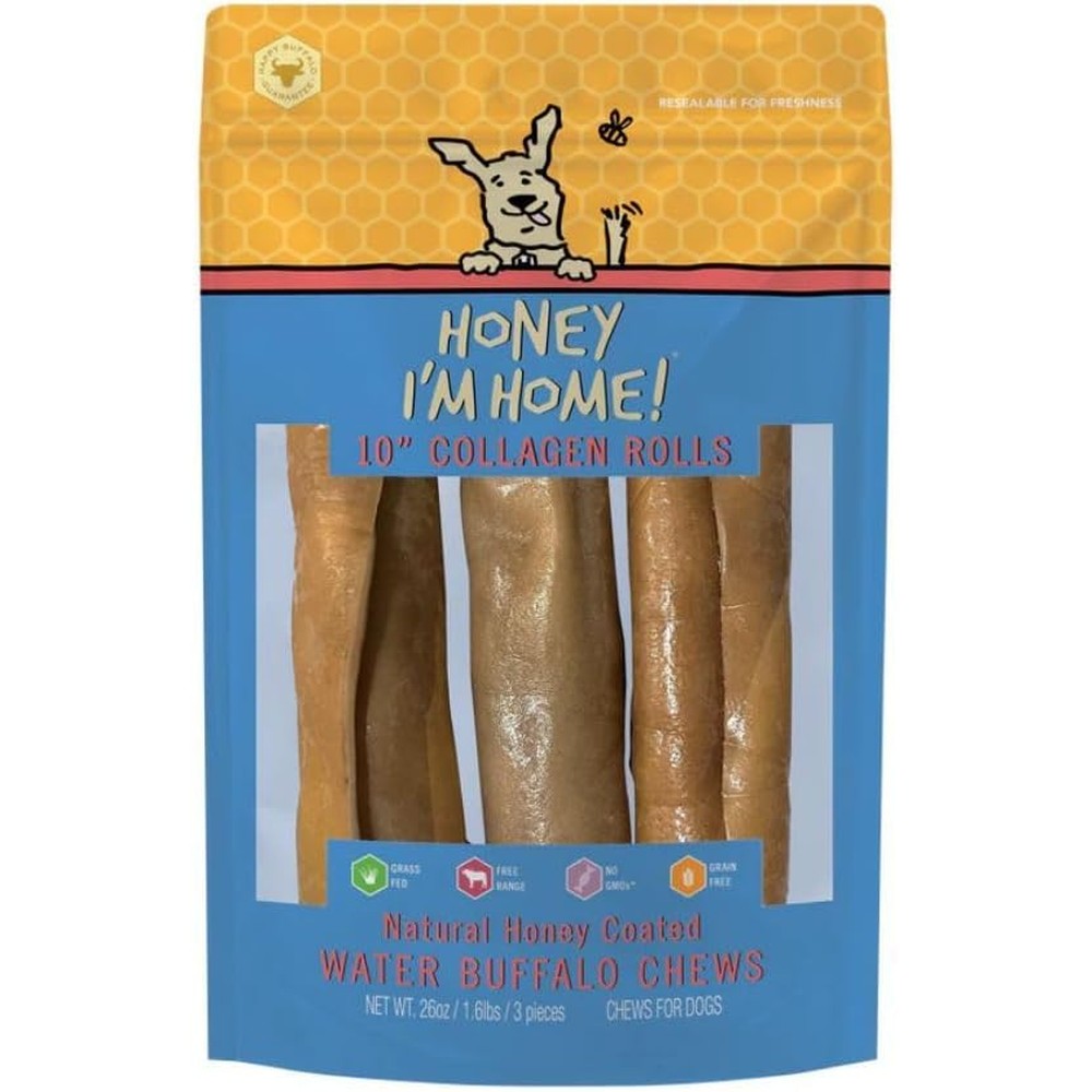 Honey Im Home 10 Inch Dog Buffalo Collagen Rolls Pack Of 3 Natural Honey Coated Long Lasting Chews For Joint And Skin Health