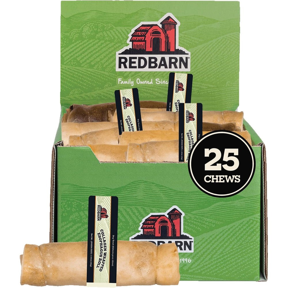 Redbarn Collagen Wrapped Esophagus Roll Medium 25 Count Natural Dog Chews For Joint Health And Dental Support