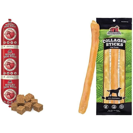 Redbarn Beef Rolled Food 4 Pound Roll And Large Beef Collagen Sticks 3 Pack Bundle For Dogs