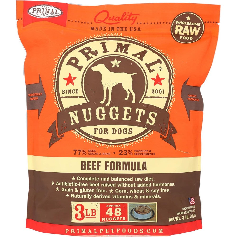 Primal Pet Foods canine beef raw frozen nuggets front view packaging bag
