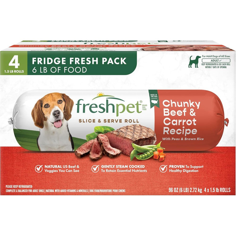 Freshpet Fresh Dog Food Slice And Serve Roll Chunky Beef And Carrot Recipe 4 Rolls 1.5 Pounds Each Value Pack