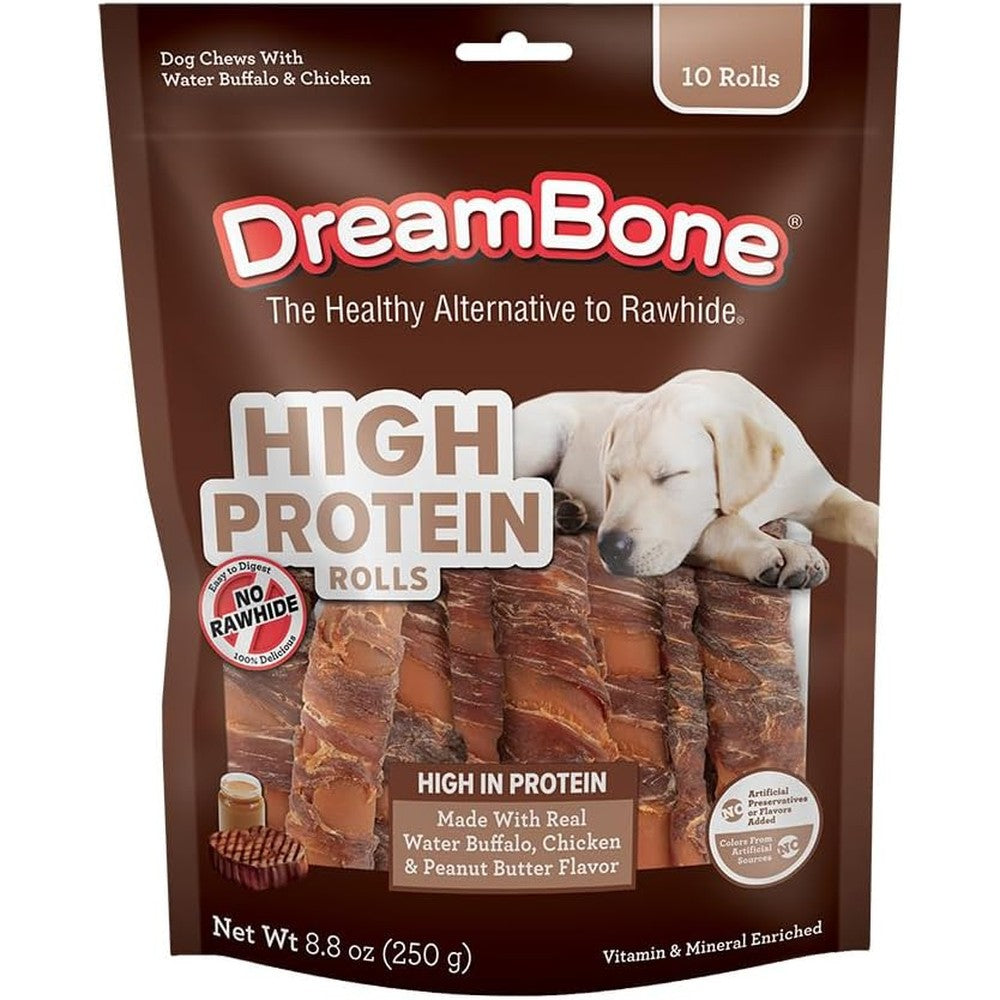 DreamBone High Protein Rolls For Dogs, 10 Count, Rawhide-Free Chews Made With Real Water Buffalo, Chicken, And Peanut Butter Flavor