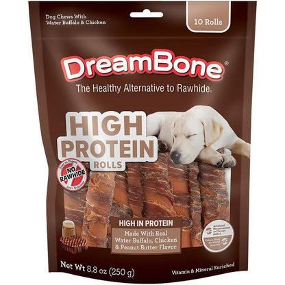 DreamBone High Protein Rolls For Dogs, 10 Count, Rawhide-Free Chews Made With Real Water Buffalo, Chicken, And Peanut Butter Flavor