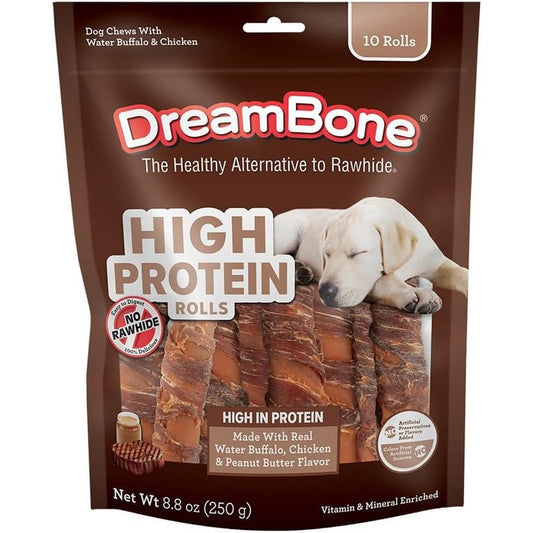 DreamBone High Protein Rolls For Dogs, 10 Count, Rawhide-Free Chews Made With Real Water Buffalo, Chicken, And Peanut Butter Flavor