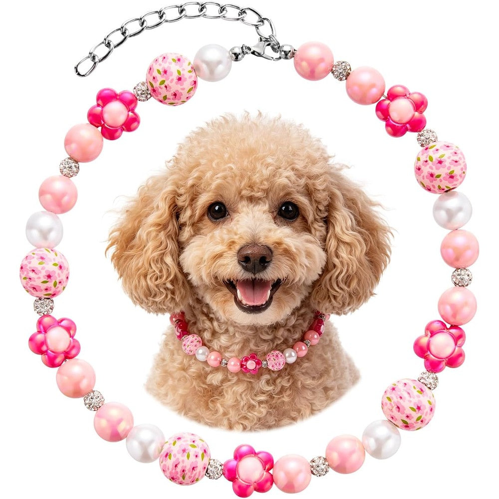 Aqxreight Flower Beaded Dog Collar Colorful Pearl Pet Necklace Adjustable Jewelry For Small Dogs Pink Small Size