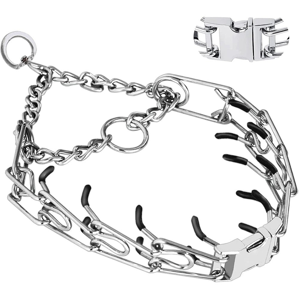 Safiman Quick Release Dog Prong Training Collar Adjustable Stainless Steel Pinch No Pull Chain Collar With Rubber Caps Silver Medium Large Size