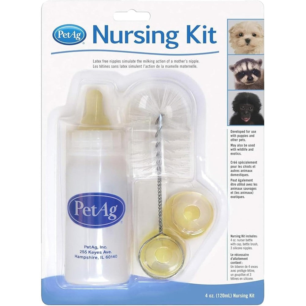 PetAg Complete Pet Nursing Kit For Newborn Puppies And Kittens With Four Ounce Bottle Three Nipples And Cleaning Brush