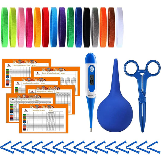 REDDOUDOU Puppy Kitten Whelping Kit for Newborn Dogs and Cats with Record Keeping Charts and Pet ID Collars