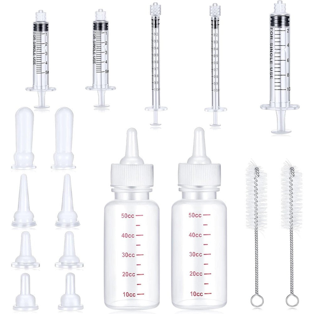 Sadnyy 17 Piece Kitten Bottle Feeding Set Pet Nursing Kit with 50cc Milk Bottles Silicone Nipples and Syringes for Newborn Small Animals