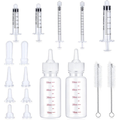 Sadnyy 17 Piece Kitten Bottle Feeding Set Pet Nursing Kit with 50cc Milk Bottles Silicone Nipples and Syringes for Newborn Small Animals