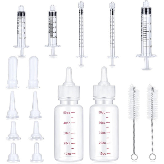 Sadnyy 17 Piece Kitten Bottle Feeding Set Pet Nursing Kit with 50cc Milk Bottles Silicone Nipples and Syringes for Newborn Small Animals