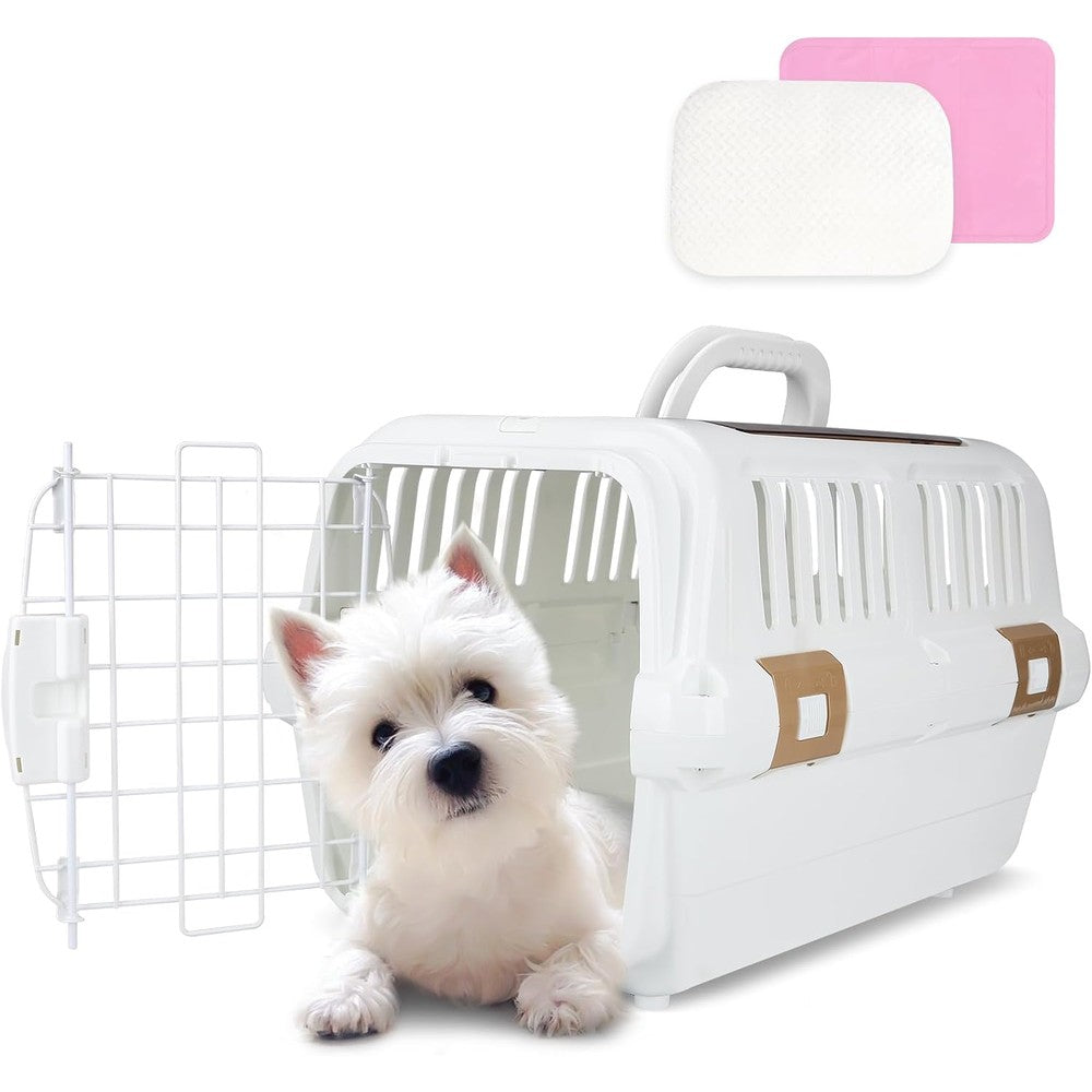TripleHare Hard Sided Plastic Dog And Cat Kennel Two Door Pet Carrier Top And Front Loading For Pets Up To Twenty Two Pounds White