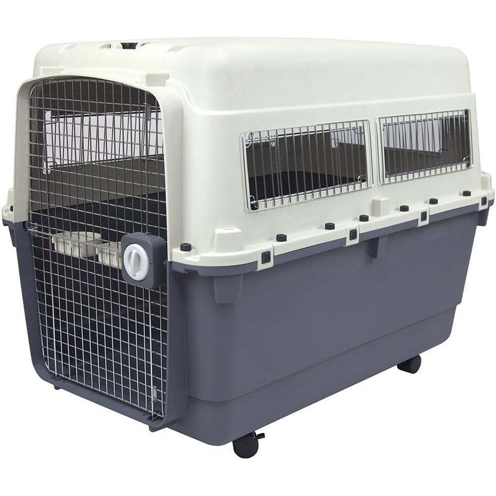 SportPet Designs Plastic Pet Kennel Rolling Airline Approved Wire Door Travel Dog Crate For Extra Large Dogs Triple Extra Large