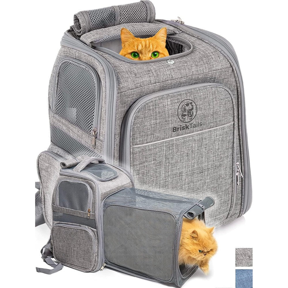 BriskTails Expandable Cat Backpack Carrier Breathable Mesh Travel Hiking Pet Bag For Large Cats And Small Dogs Grey