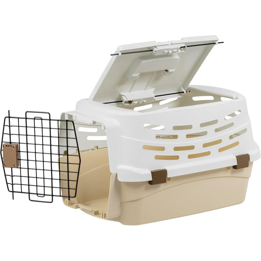 IRIS USA Easy Access Pet Travel Carrier Medium Hard Sided Two Door Top and Front Load Dog and Cat Kennel Off White and Brown
