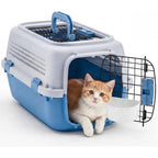 DUMOS 23" Hard-Sided Pet Carrier for Small Dogs & Cats, Airline Approved Travel Crate with Enhanced Security Latches, Front & Top Load Wire Door, Food Bowl for Traveling, Hiking, Camping, Grey&Blue