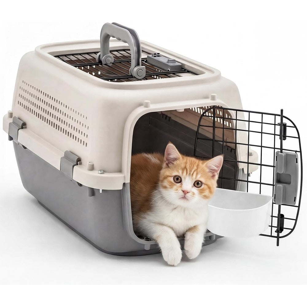 DUMOS 23" Hard-Sided Pet Carrier for Small Dogs & Cats, Airline Approved Travel Crate with Enhanced Security Latches, Front & Top Load Wire Door, Food Bowl for Traveling, Hiking, Camping, Beige&Grey