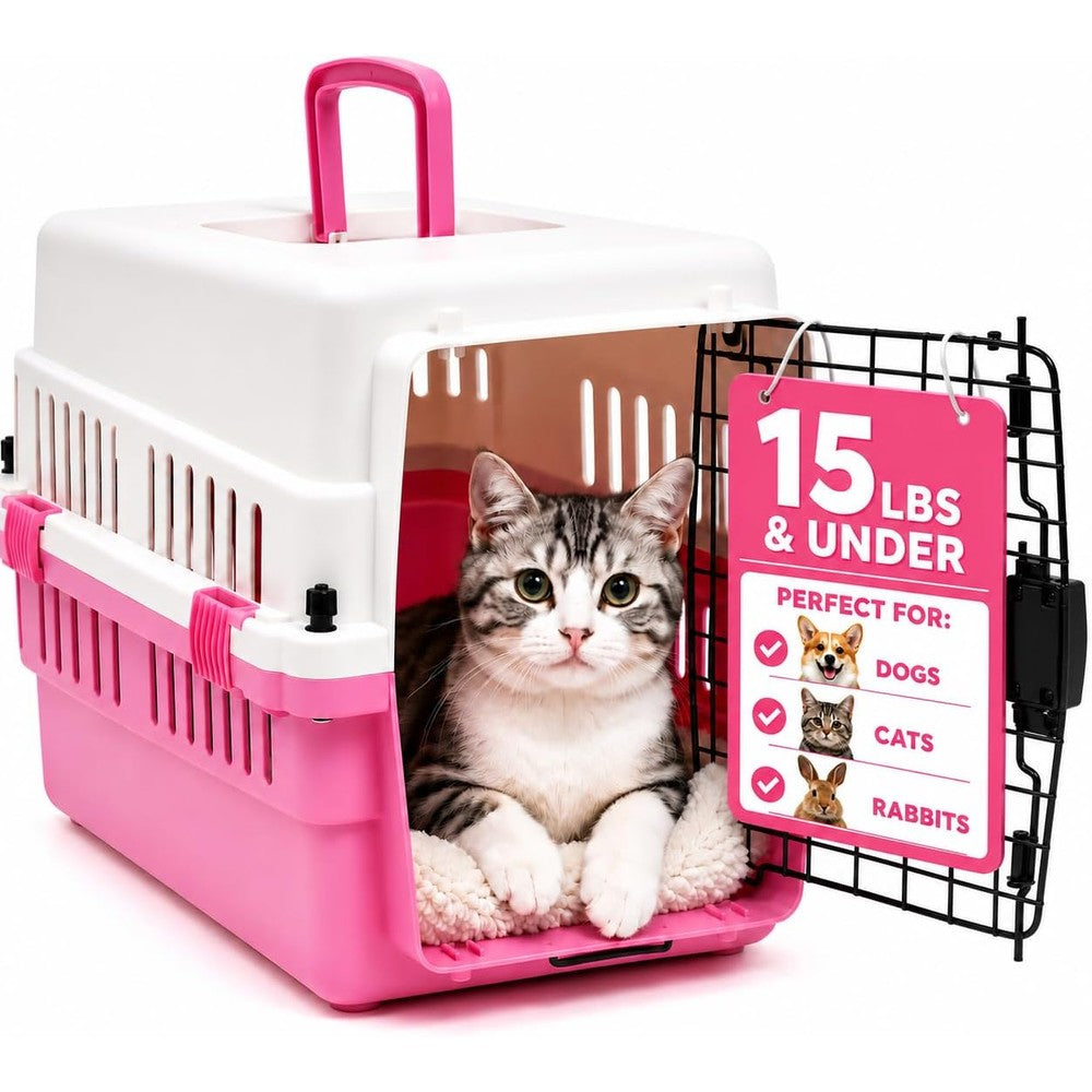Freepet Hard Sided Pet Carrier For Cats And Small Dogs Twenty Inch Sturdy Travel Kennel With Secure Wire Door And Ventilation White Pink