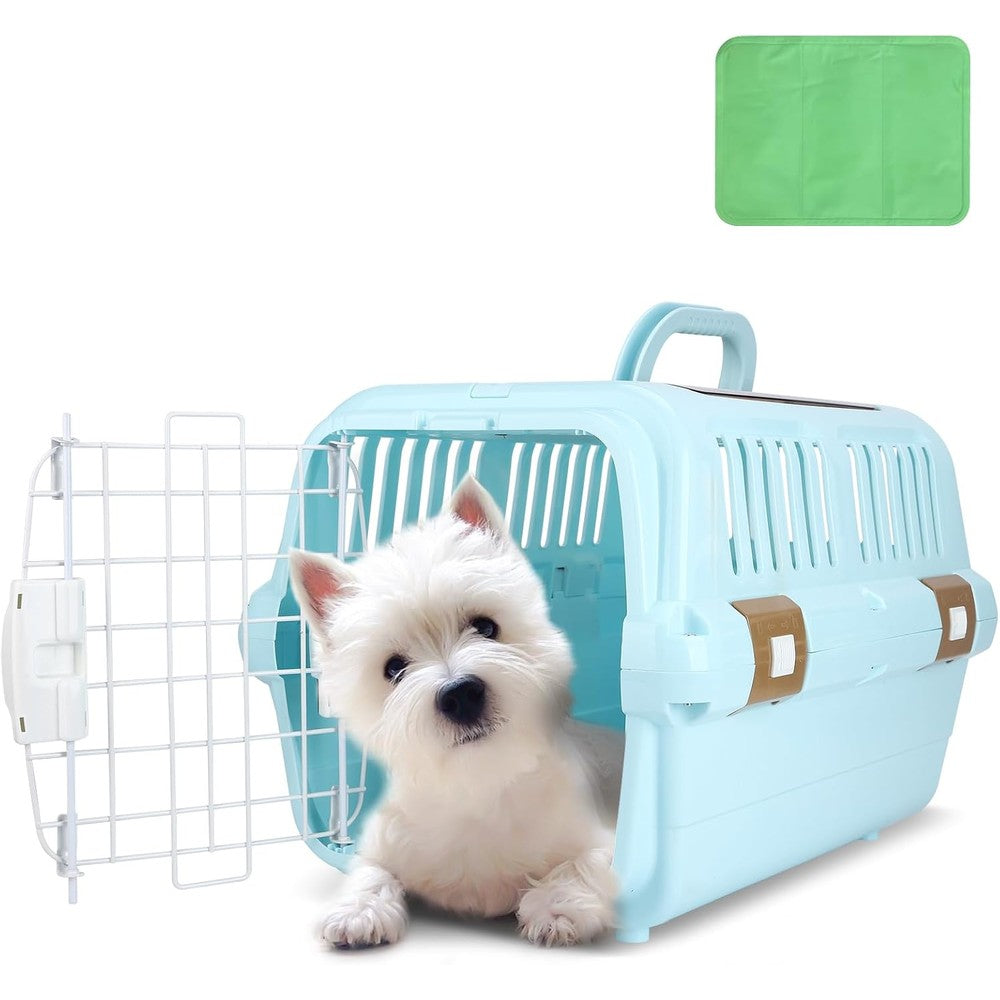 TripleHare Hard Sided Plastic Dog And Cat Kennel Two Door Pet Carrier Top And Front Loading For Pets Up To Twenty Two Pounds Blue