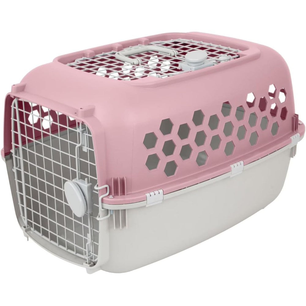 Petmate Hard Sided Pet Carrier For Dogs And Cats 24 Inch Top Load Travel Kennel With Double Door Entry Heavy Duty Plastic Crate Pink And Gray