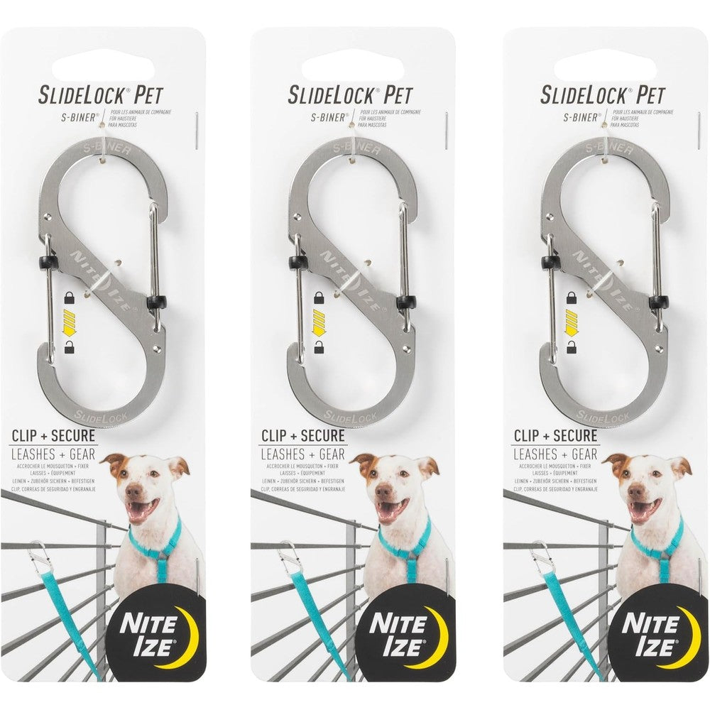 Nite Ize SlideLock Pet S-Biner Stainless Steel Dual Carabiner For Securing Dog Leashes And Attaching Accessories Gray 3 Pack